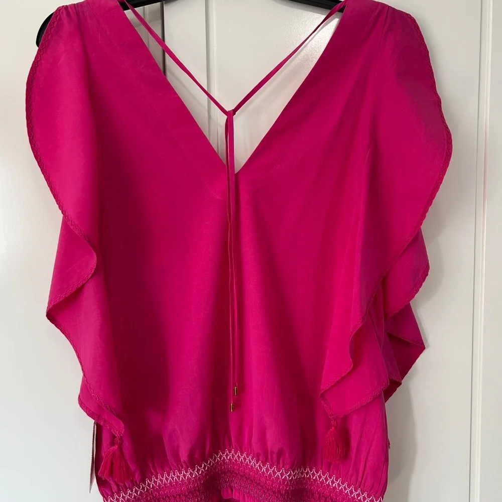 Trina Turk Bright Pink Cancun Ruffled Silk Cotton Smocked Top Sz.S New With Tags - Picture 4 of 9